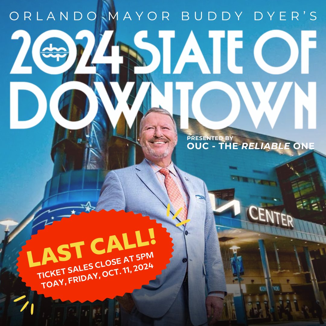 DOP's 2024 State of Downtown, presented by OUC - The Reliable One, is proceeding as scheduled. Please join the Downtown Orlando Partnership and Orlando Mayor Buddy Dyer on Tuesday, October 15, 2024 at the Kia Center.

Visit doporlando.com/stateofdowntow… to secure your seats today!
