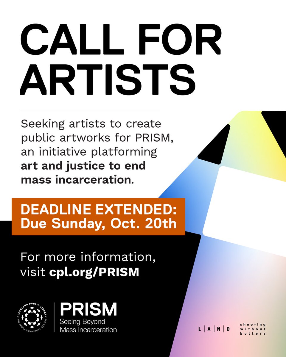 cleveLANDstudio (@clevelandstudio) on Twitter photo 📣 DEADLINE EXTENDED – Artists, there’s still time to apply for <a href="/Cleveland_PL/">Cleveland Public Library</a> PRISM public art initiative. Submit your qualifications by the new deadline: Sunday, October 20, 2024 at 11:59 PM ET. 📣 DEADLINE EXTENDED – Artists, there’s still time to apply for <a href="/Cleveland_PL/">Cleveland Public Library</a> PRISM public art initiative. Submit your qualifications by the new deadline: Sunday, October 20, 2024 at 11:59 PM ET.
