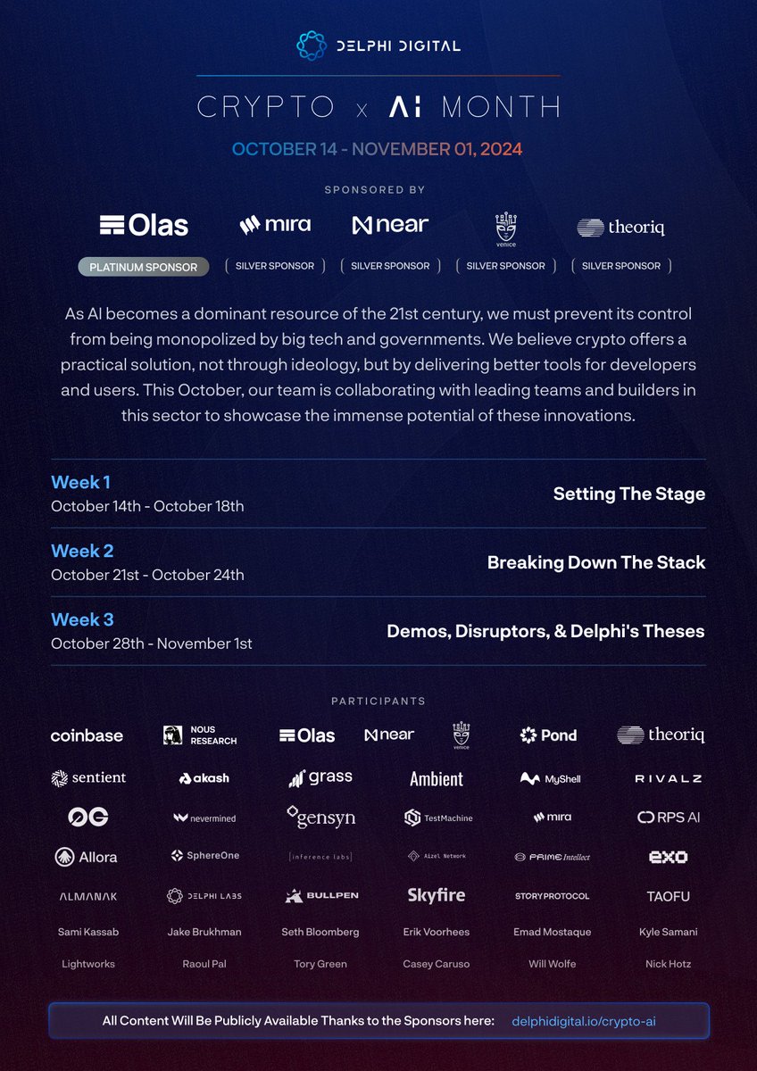 Delphi_Digital's tweet image. The Oracle has spoken — On October 14th, join 40+ innovators, investors, &amp;amp; visionaries at Crypto’s largest virtual AI event. 

Dive into this 3-week journey exploring the cutting-edge intersection of Crypto and AI, where the space&apos;s brightest minds converge to shape the future.