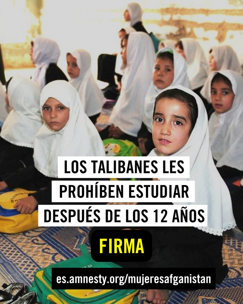 Las niñas en Afganistán no pueden estudiar. Las mujeres no pueden salir a la calle libremente ni trabajar ni estudiar ni expresarse ni participar en la política. No pueden ni hablar en público porque los talibanes lo han prohibido. ¡Basta ya! FIRMA ➡️ amn.st/6018U4lYs