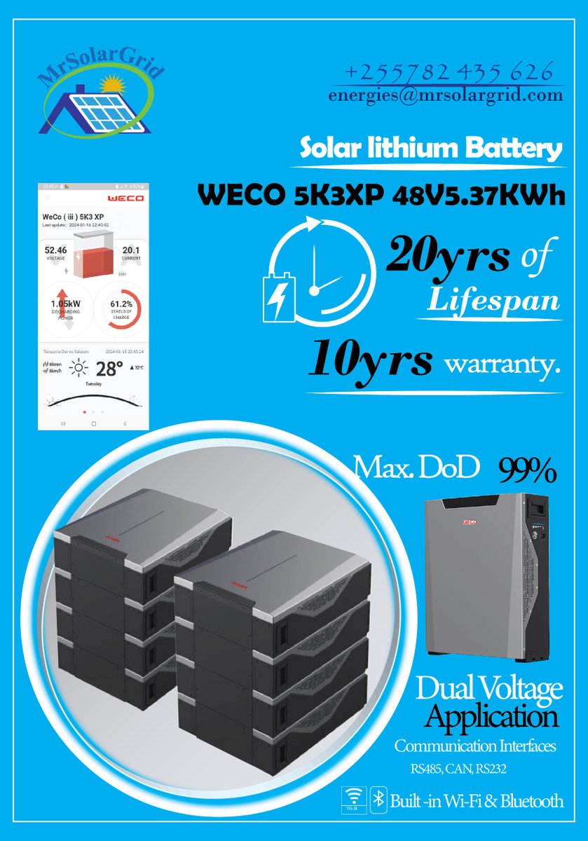 MrSolarGrid's tweet image. kama ushawahi jiuliza ni wapi utapata battery bora ya maisha yako.! 
basi battery bora zinaatikana kwetu @MrSolarGrid .
battery ambayo inadumu kwanzia miaka 15 mpaka 20, miongomiwilihiyo
warranty 10yrs,
Ni battery ambazo zinakutumia taarifa zake kwenye smartphone yako .