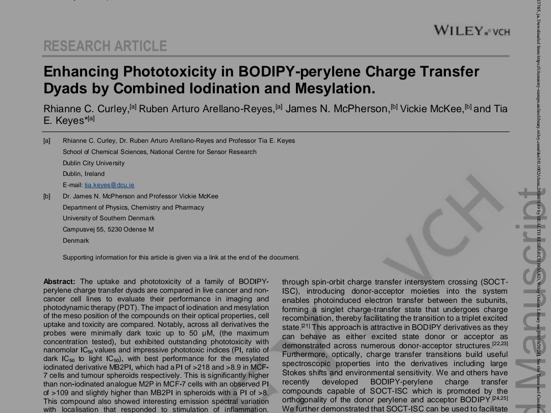 Check out our recent work in <a href="/ChemEurJ/">Chemistry</a>! 

We report on combining iodination and mesylation to boost the phototoxicity of BODIPY-perylene, with studies in both cell monolayers and tumour spheroids 🔬👩‍🔬

doi.org/10.1002/chem.2…