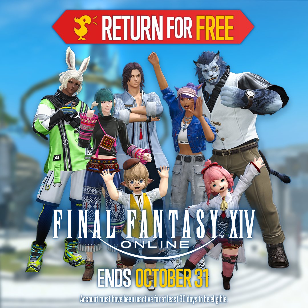 FF_XIV_EN's tweet image. Our latest Free Login Campaign begins today! 🎉

Warriors of Light currently taking a break from their adventures in #FFXIV can claim 96 hours of free game time between now and October 31, so be sure to spread the word!

Details ➡️ sqex.to/ig9gP