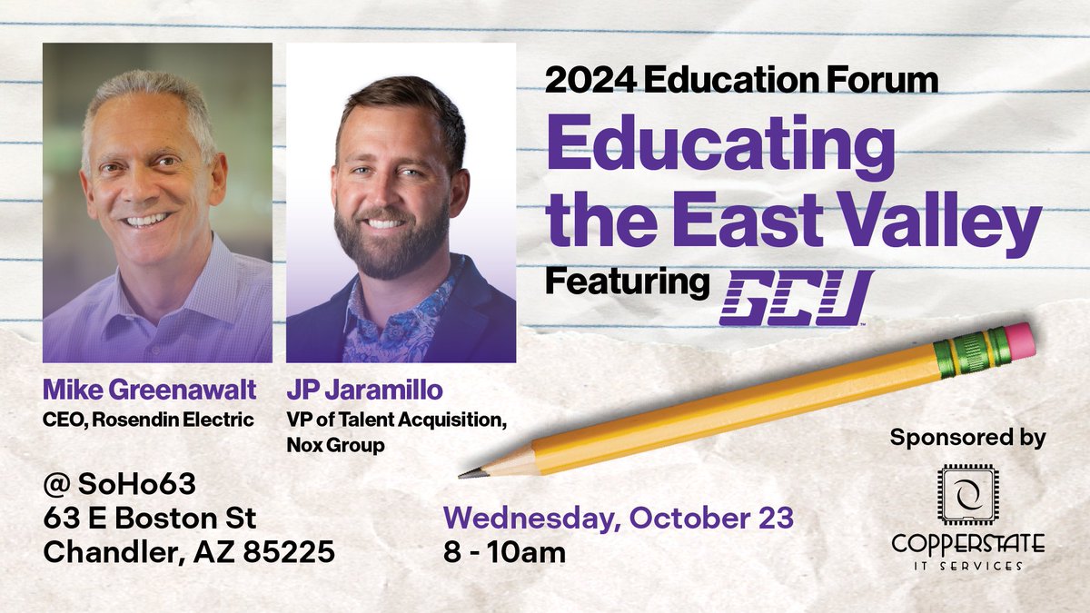 Hear from GCU President Brian Mueller, representatives from Banner, Rosendin, &amp; Nox, &amp; a student panel on how current &amp; upcoming programs will create the next generation of East Valley leaders. More info: bit.ly/3U3aVLf. <a href="/chandlerchamber/">Chandler Chamber</a>