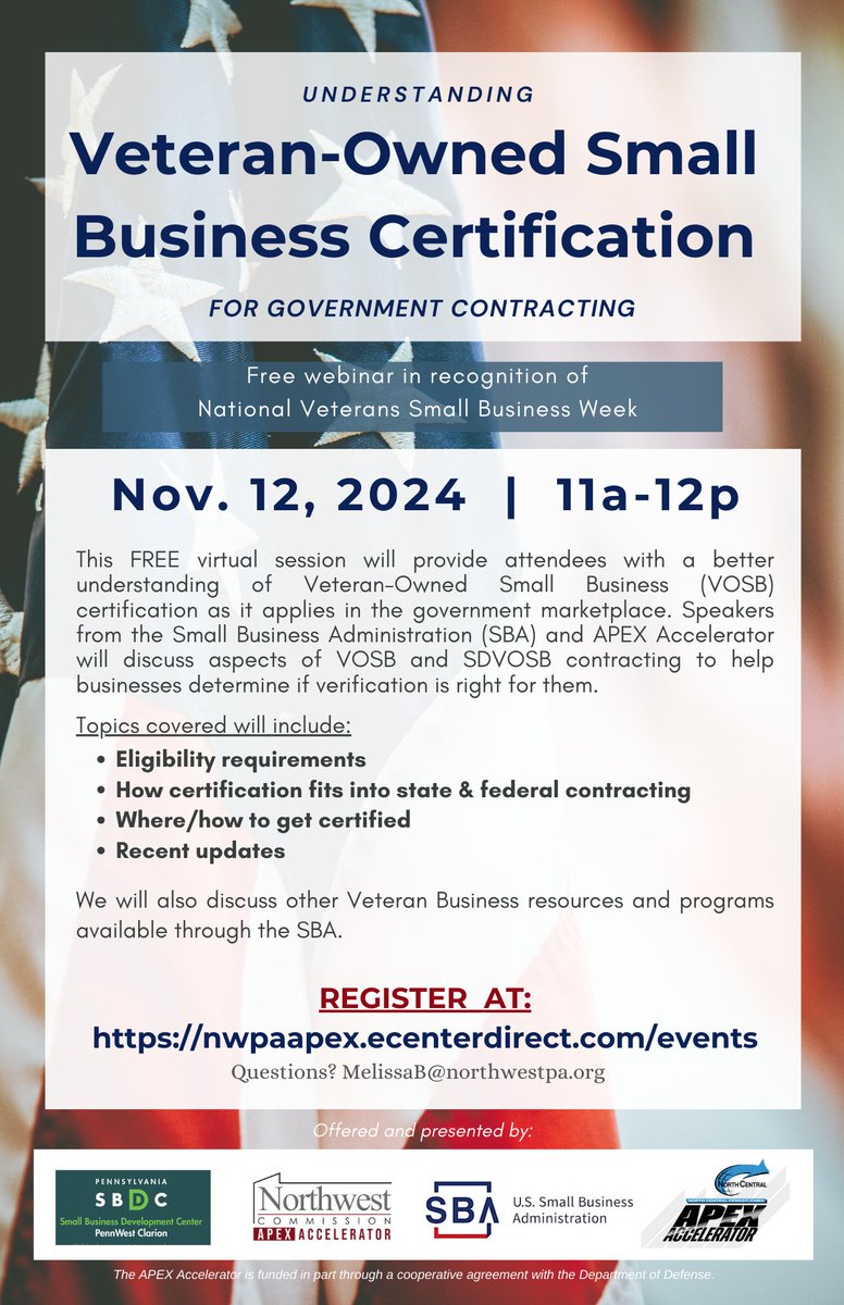 nwpa_apex's tweet image. We&apos;re holding a special #VOSB webinar during National Veterans Small Business Week [#NVSBW] with our friends @ClarionSBDC, @SBA_Pittsburgh, &amp;amp; @NCPCommission APEX Accelerator. Join us 11/12 to learn about VOSB &amp;amp; SDVOSB certifications for #GovContracting: nwpaapex.ecenterdirect.com/events/4523