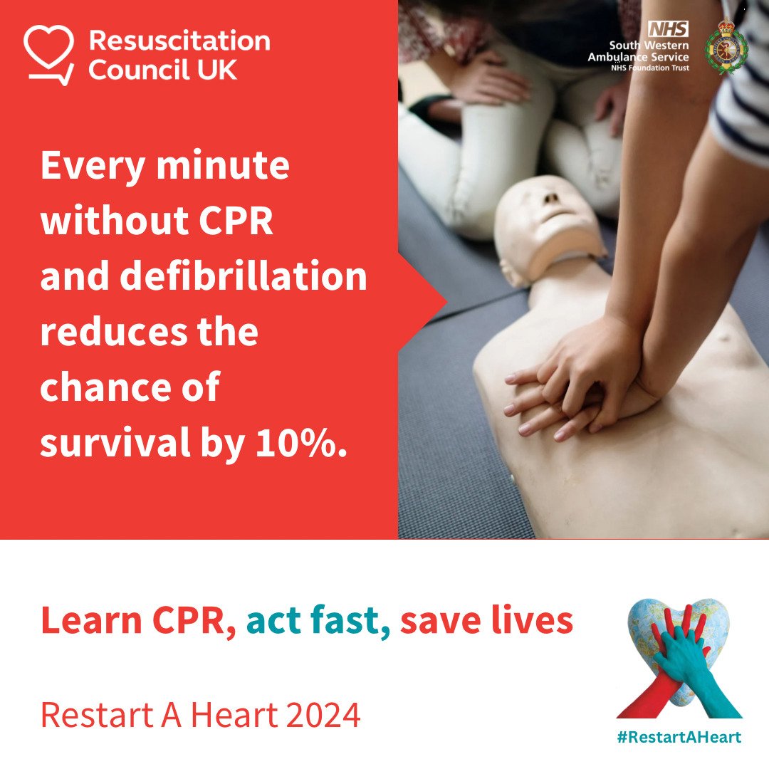South Western Ambulance Service (@swasft) on Twitter photo Did you know that for someone in cardiac arrest, every minute without CPR and defibrillation reduces the chance of survival by 10%.
Join us for our first FREE #RestartaHeart 2024 event on Sun 13 Oct <a href="/GloucesterQuays/">Gloucester Quays</a> to learn CPR.
Find out more ➡️ ow.ly/xOGk50TJw8a Did you know that for someone in cardiac arrest, every minute without CPR and defibrillation reduces the chance of survival by 10%.
Join us for our first FREE #RestartaHeart 2024 event on Sun 13 Oct <a href="/GloucesterQuays/">Gloucester Quays</a> to learn CPR.
Find out more ➡️ ow.ly/xOGk50TJw8a