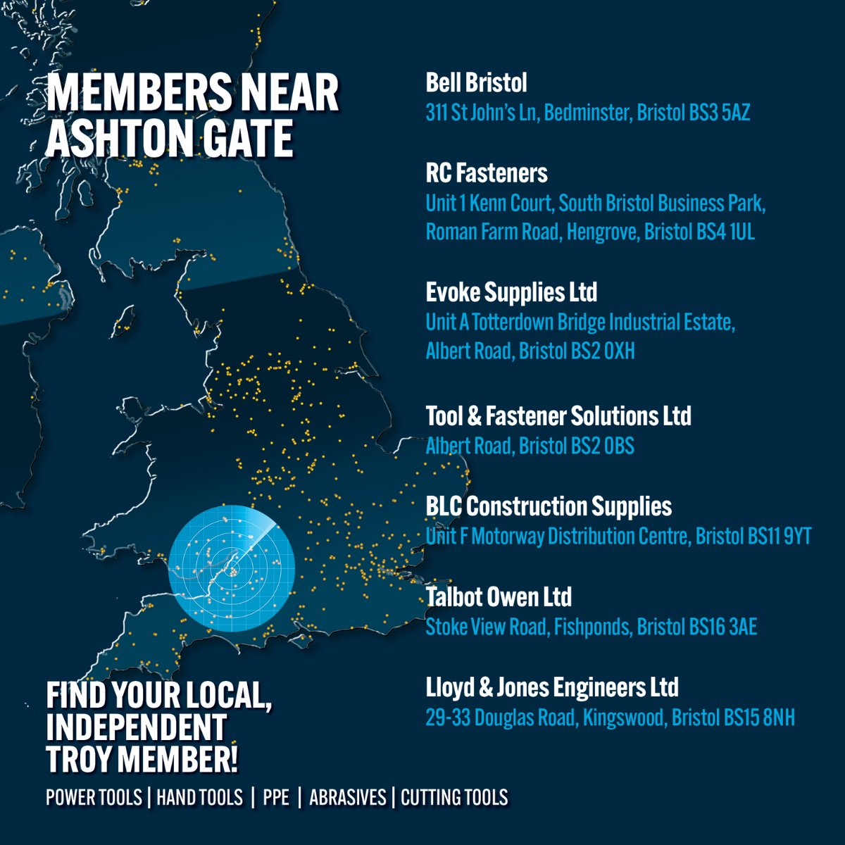 Swipe to see the Troy members near <a href="/ExeterChiefs/">Exeter Chiefs</a>  Chiefs' opponents today, Bristol Bears. 

Our members are a network of independent businesses that provide tools to the UK. 

Find your local member here: troy.co.uk