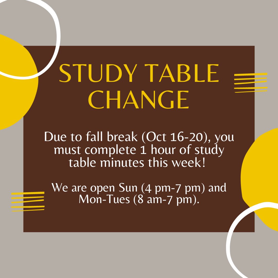 Complacademics's tweet photo. ALERT: With Fall Break taking place this week (Oct 16-20), we will be shortening our study table minutes for the week. You will need to complete 1 hour of study table minutes between today, Sunday, and Tuesday! https://t.co/1S7GvGBew2