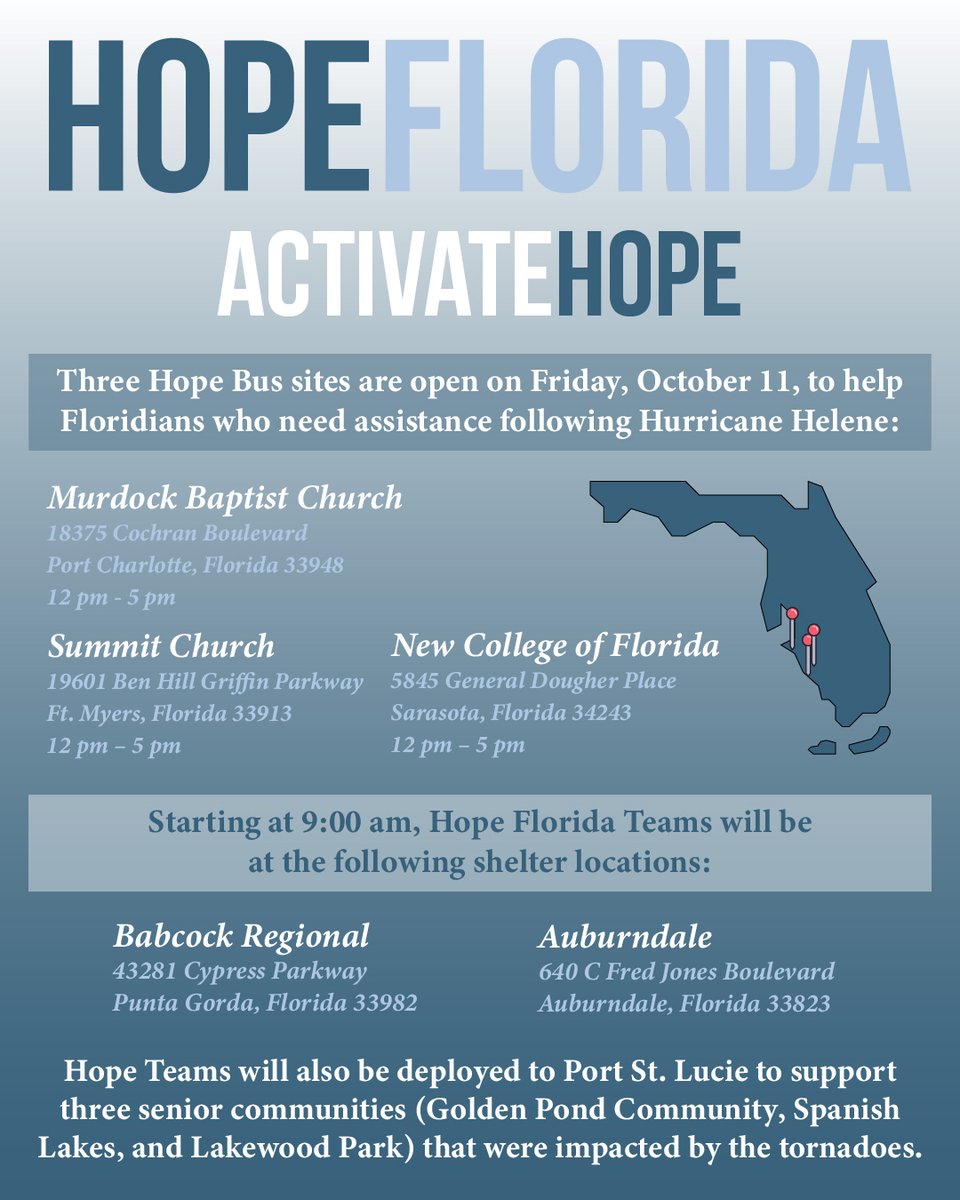 Need help finding help? Here's how you can reach HOPE FLORIDA:
The Hope Bus or Activate Hope sites are deployed TODAY to three locations around the state to help people in person following Hurricanes Helene and Milton with food &amp; water, other resources, debris removal, and