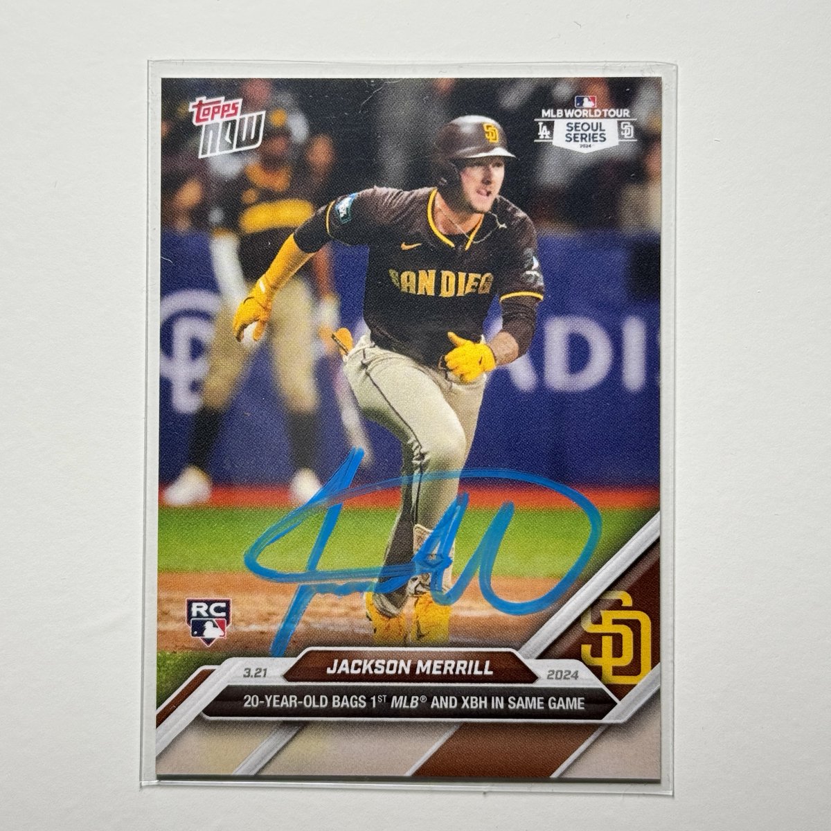 If the @padres WIN game 5 tonight, I will give away this Jackson Merrill in-person autographed rookie card to a fan who follows, likes, and retweets! #FightForTheFaithful