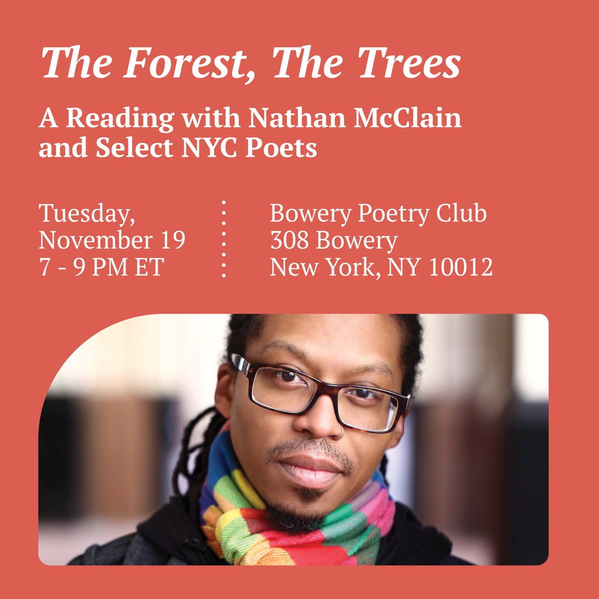 Cave Canem (@cavecanempoets) on Twitter photo Join <a href="/nathanhmcclain/">Nathan McClain</a> and participants from our NYC Regional Workshop, "The Forest, The Trees," for an intimate night of poetry <a href="/bowerypoetry/">Bowery Poetry Club</a> on November 19th at 7 PM ET.
Register 🔗 bit.ly/the-forest-the… Join <a href="/nathanhmcclain/">Nathan McClain</a> and participants from our NYC Regional Workshop, "The Forest, The Trees," for an intimate night of poetry <a href="/bowerypoetry/">Bowery Poetry Club</a> on November 19th at 7 PM ET.
Register 🔗 bit.ly/the-forest-the…