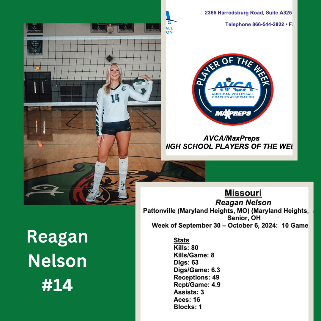 Congratulations to Reagan for being named AVCA Player of the Week for the state of Missouri last week!  We are so proud of you!
#villemade
🏐💚🏐💚🏐💚🏐💚