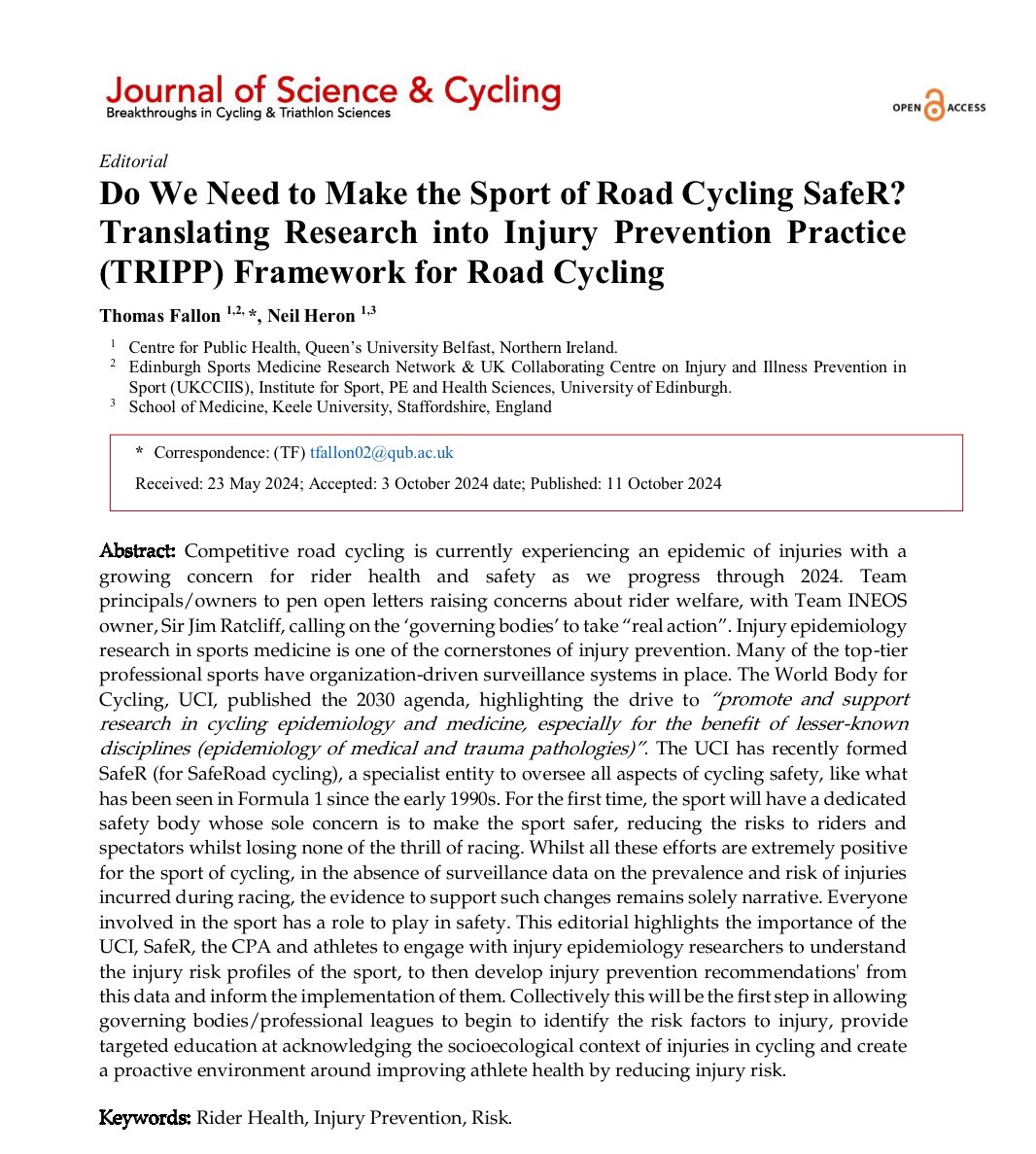 Road cycling is experiencing an epidemic of injuries. 

Editorial discussing the need for injury epidemiology as part of a systematic process to identifying injury prevalence &amp; risk that can subsequently inform &amp; evaluate new prevention/mitigation steps

jsc-journal.com/index.php/JSC/…
