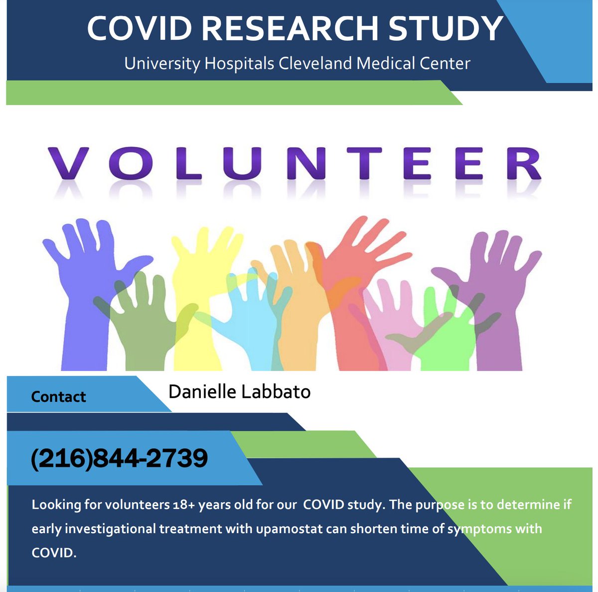 👀  Looking for volunteers 18+ years old for a COVID research study at University Hospitals. The purpose is to determine if early investigational treatment with upamostat can shorten time of symptoms with COVID.