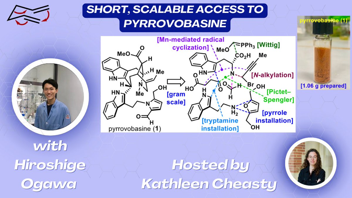 Calling all total synthesis fans! Tune in this week for a new episode hosted by Kathleen Cheasty, where Hiroshige Ogawa discusses the Nakamura group's work on the synthesis of pyrrovobasine!!

Link: youtu.be/nqUkqbFMPq8

<a href="/JACS_Au/">JACS Au</a> 2023, 3, 3000-3004. doi.org/10.1021/jacsau…