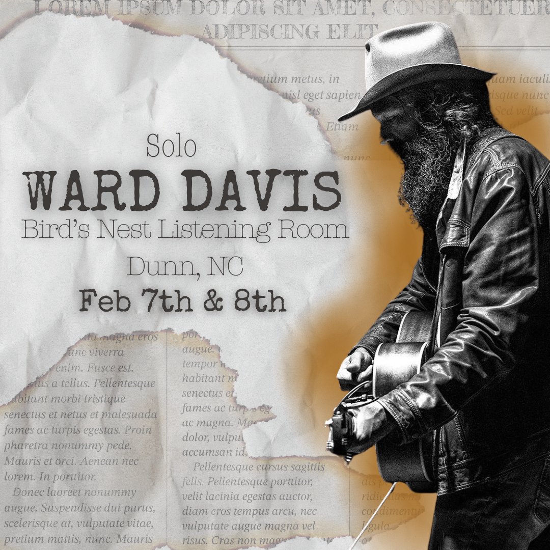warddavismusic's tweet photo. Coming on by Dunn, NC.. Bird's Nest Listening Room on February 7th & 8th.
Tickets will go on sale NEXT FRIDAY @ 10AM.
#warddavis #americana #americanamusic #singersongwriter #outlaw #country #countrymusic #anotherbadapple https://t.co/5nd7jA2wDB