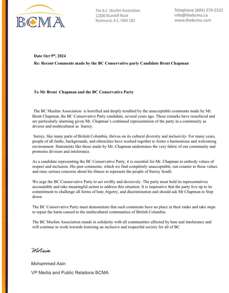 New-re: resurfaced comments from BCC Brent Chapman against Muslim community. Now, the B.C. Muslim Association has called on <a href="/Conservative_BC/">Conservative Party of BC</a> to ask Mr. Chapman to step down, stating that the party should take meaningful action &amp; challenge all forms of hate, bigotry, &amp;