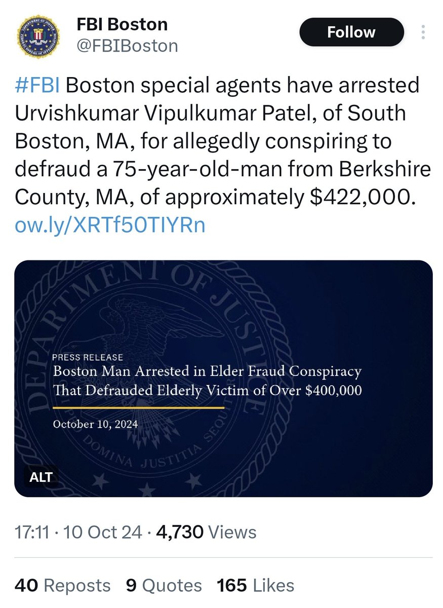KhalsaIntMedia's tweet photo. #FBI Boston agents nab Indian #Hindutva scamster Urvishkumar Vipulkumar Patel of South Boston, MA, for allegedly scheming to swindle $422,000 from a 75-year-old Berkshire County man.
#NewsUpdate #Indian #scammers #Indianscammers https://t.co/TqptpHCwe6
