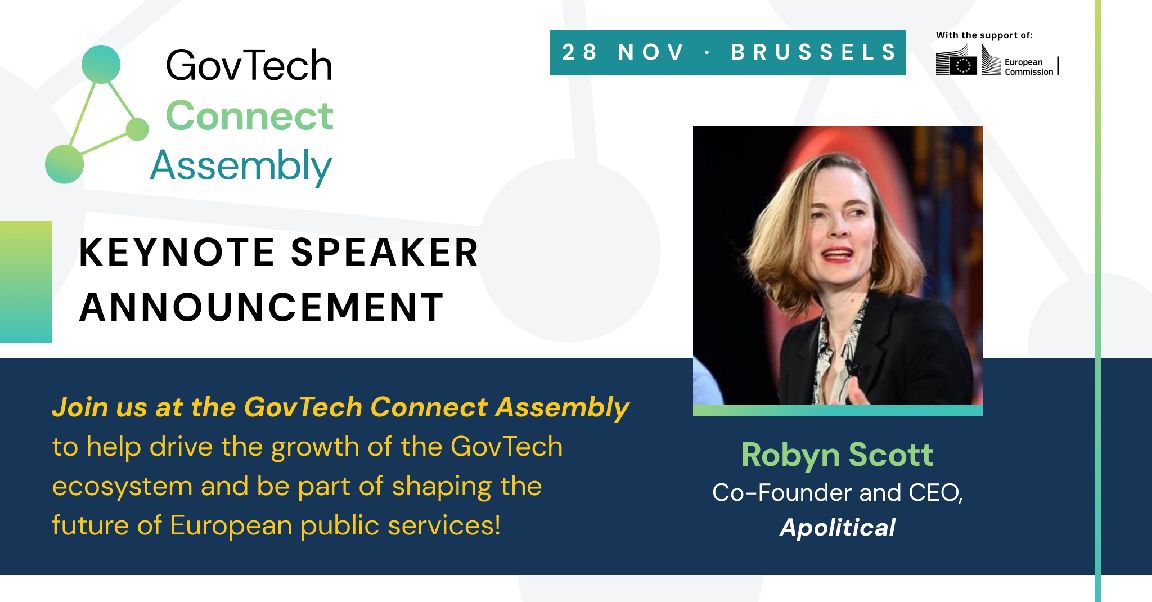 apoliticalco's tweet image. We&apos;re delighted to announce that Robyn Scott, Co-Founder &amp;amp; CEO of Apolitical, will be the Keynote Speaker at the #GovTechConnectAssembly! Register your interest now: govtechbootcamps.com/govtech-connec…