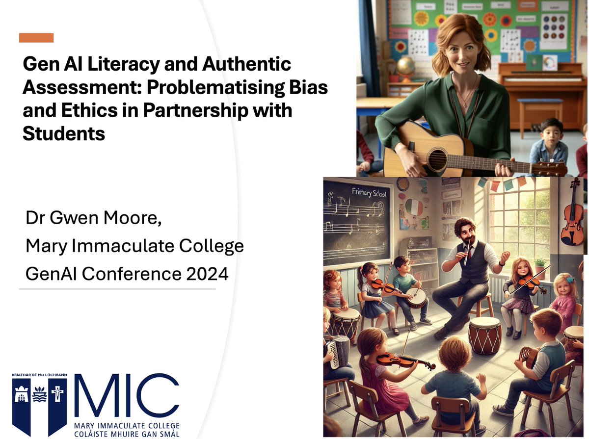 gwenmooremusic's tweet photo. Looking forward to sharing insights from #academicpractice #authenticassessment in #music at this conference next week. Here is a glimpse of my presentation that problematises #bias, #ethics, #GenAI & #academicintegrity @MICEducationFac @ForumTL @hea_irl @QQI_connect https://t.co/oQs8gmE6kc