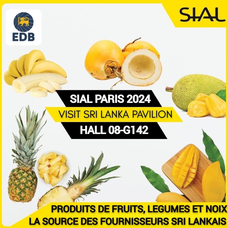 SLinFrance's tweet image. Découvrez la richesse exotique du Sri Lanka au #SIALParis2024 ! #Mangues juteuses, agrumes #parfumés, #ananas sucrés et #bananes savoureuses… Notre gamme de #fruits est aussi variée que délicieuse. Venez rencontrer les #exportateurs sri-lankais et explorez des produits