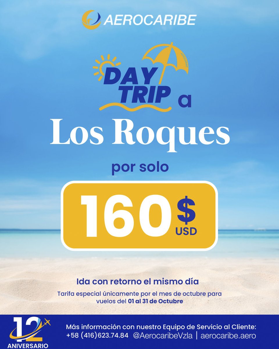 Reserva ya tu DayTrip a Los Roques con 𝘈𝘌𝘙𝘖𝘊𝘈𝘙𝘐𝘉𝘌✈️🏝️🤩

✈️Telef.: +58 (212) 959.05.04 / 96.10 / 90.96
✈️WhatsApp: +58 (416)-6237484
✈️Correo: servicioalcliente@aerocaribe.aero