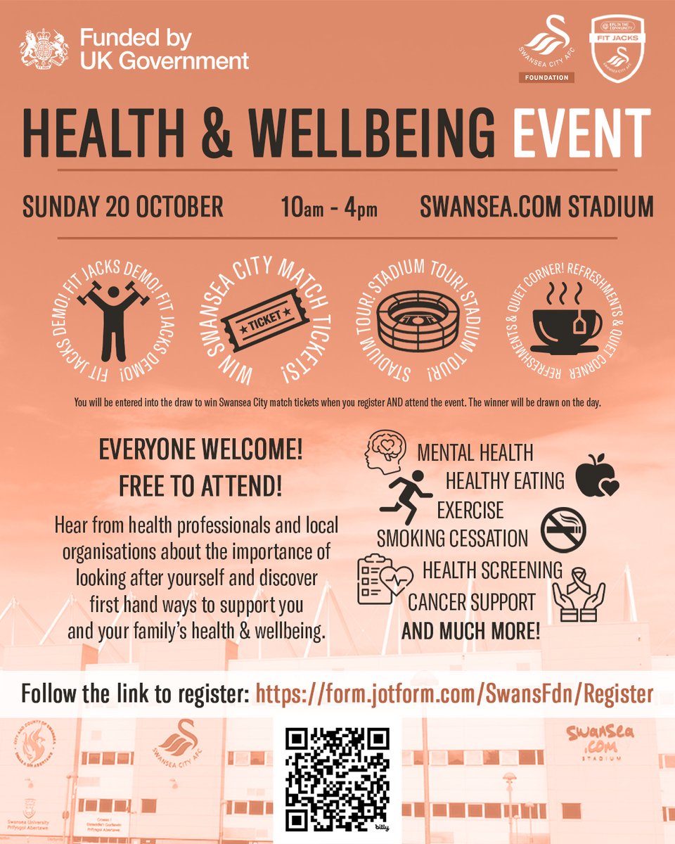 On the 20th of October the Swans Foundation will be hosting their Health &amp; Wellbeing Event at the Swansea.com Stadium, hear from professionals and local organisations on how to improve your health and wellbeing! Check out the poster below!