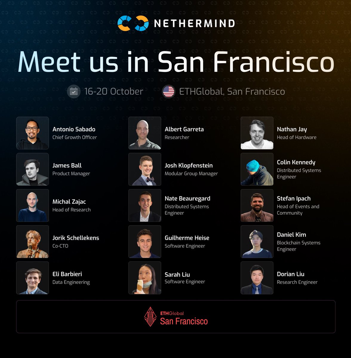 Nethermind's tweet image. The Nethermind team is excited to connect with participants at #Pragma and #ETHGlobal San Francisco next week! 

A diverse group of 14 team members from our Robotics, AI, Research, and Business Development teams will be attending.

We’re eager to dive into conversations on
