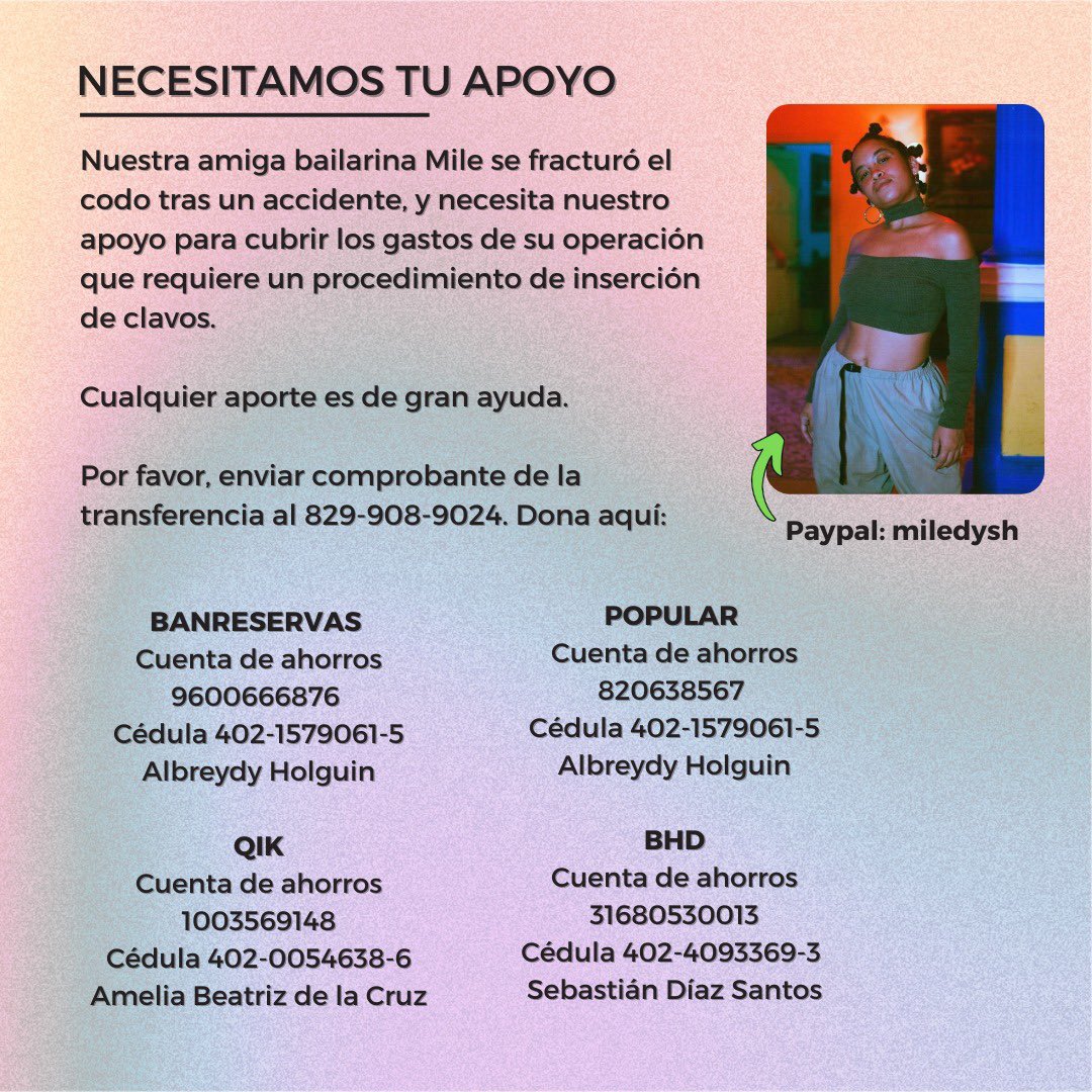 dimeloblue's tweet photo. hola familia, mi amiguita @telabebetodita quien es bailarín se fracturó el codo y va necesitar una operación para poder recuperarse y nos gustaría contar con su ayuda, por más pequeña que sea 🫱🏽‍🫲🏾

un RT también cuenta ☝🏽♥️ https://t.co/nrDA8aMrxC