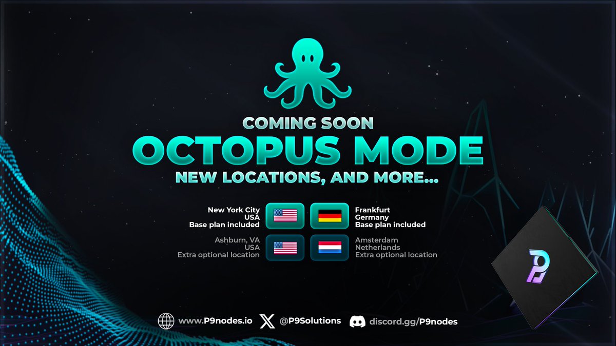 P9Solutions's tweet image. Coming soon 💫

OCTOPUS MODE 🐙 - a complete infra upgrade, a brand-new way of sending transactions, and much more 🚀

It includes new locations, other than the existing Frankfurt 🇩🇪:
- NYC 🇺🇸
- Ashburn (VA) 🇺🇸
- Amsterdam 🇳🇱

Features reveal every Friday until launch, 17:00 GMT