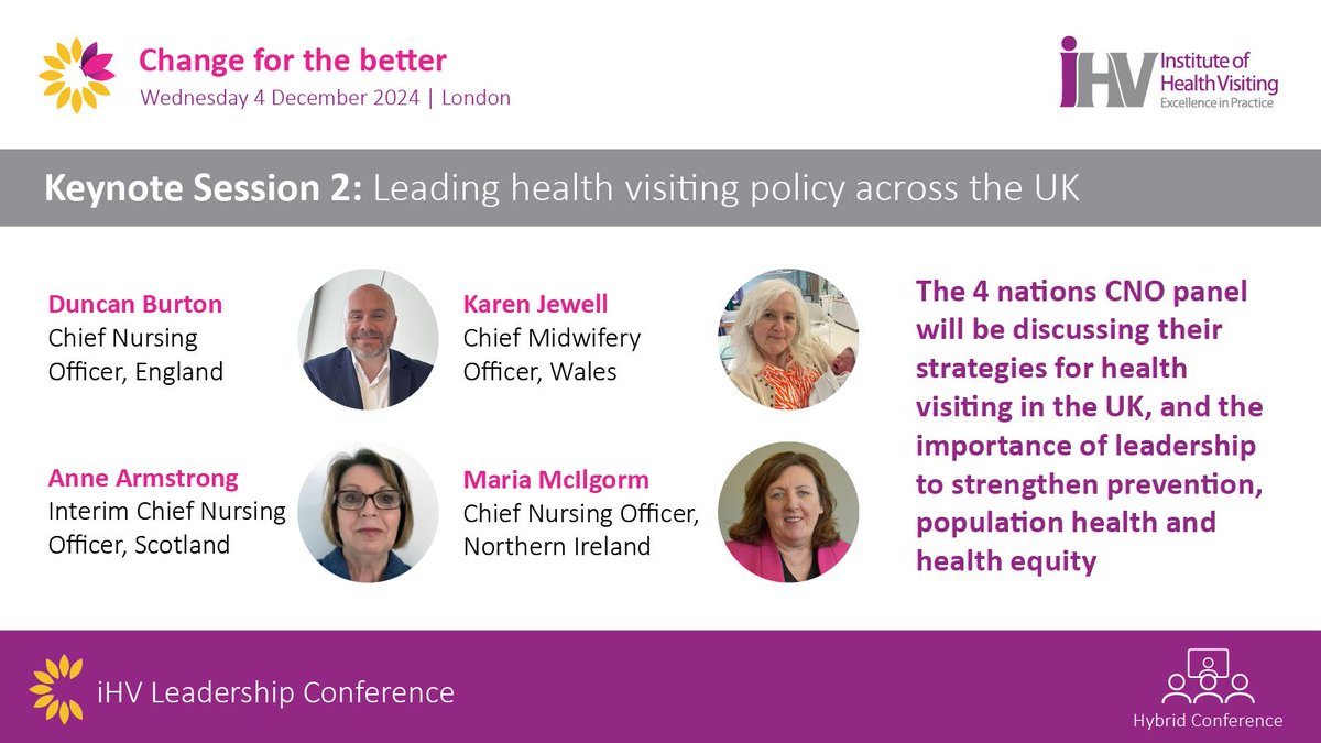 Have you booked your place at #iHVLeadership2024 Conference yet? Hear from our 4-nations’ CNO panel, setting out their strategies for #HealthVisiting in the UK &amp; join in the discussions. Early bird rates end 31 Oct - see full programme &amp; book your place: buff.ly/3N2ySOM