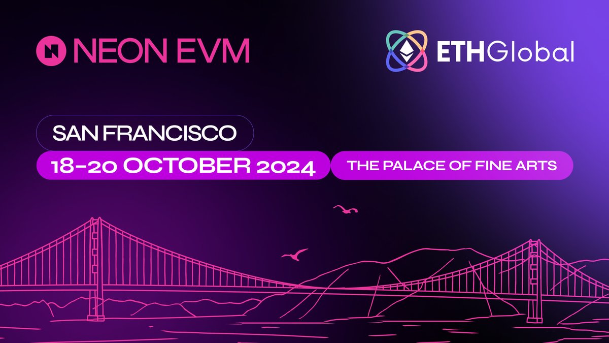 Neon (@neon_evm) on Twitter photo Neon EVM is on the way to <a href="/ETHGlobal/">ETHGlobal</a> San Francisco with two exciting bounties and a total prize pool of $10,000!
đź—“ Hackathon Start: Friday, Oct 18, at 13:00 PDT
🏆 Winners Announcement: Sunday, Oct 20, at 15:00 PDT
Check out our blog to learn more 👇
neonevm.org/events/Neon_EV… Neon EVM is on the way to <a href="/ETHGlobal/">ETHGlobal</a> San Francisco with two exciting bounties and a total prize pool of $10,000!
đź—“ Hackathon Start: Friday, Oct 18, at 13:00 PDT
🏆 Winners Announcement: Sunday, Oct 20, at 15:00 PDT
Check out our blog to learn more 👇
neonevm.org/events/Neon_EV…