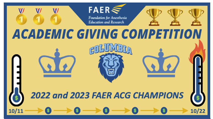 Columbia Anesthesiology (@cumcanesthesia) on Twitter photo It's FAER giving time! We won for most donations in '22 and '23. Can we get a threepeat? A trifecta? A triple crown?  Let's goooooo!  Kickoff is live NOW! 
secure.qgiv.com/event/faer-agc… It's FAER giving time! We won for most donations in '22 and '23. Can we get a threepeat? A trifecta? A triple crown?  Let's goooooo!  Kickoff is live NOW! 
secure.qgiv.com/event/faer-agc…