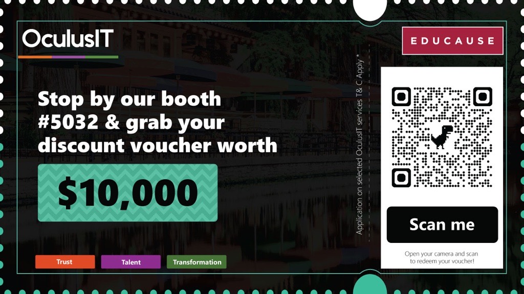 OculusIT's tweet photo. Excitement is building for #EDUCAUSE 2024!

Visit us at booth #5032 for a chance to grab a $10,000 voucher for our services. 

Join us in San Antonio, TX from Oct 21-24.

Register here- https://t.co/PvwBEXYSAX

#educause2024 #innovation #HigherEducation https://t.co/8u1x1NHwbZ