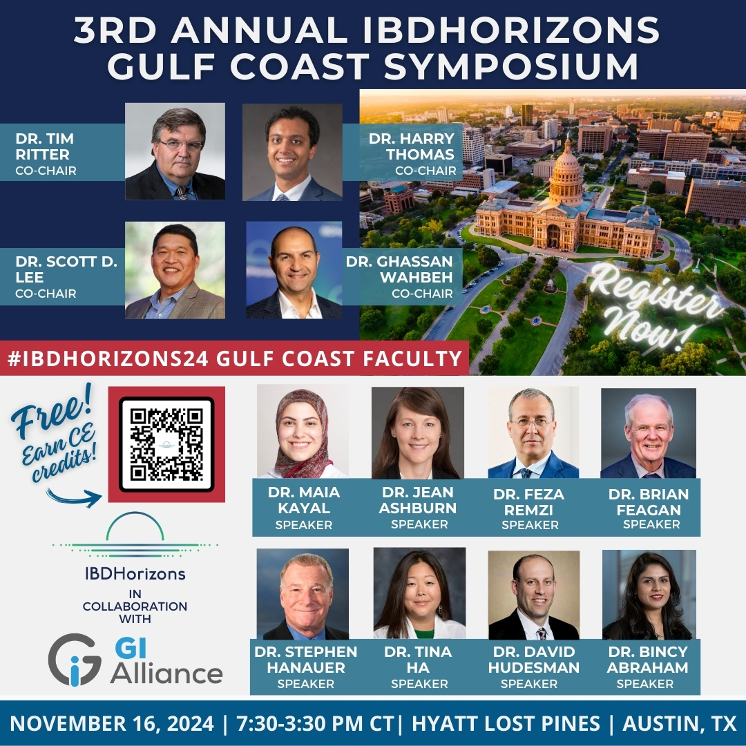 IBDHorizons (@ibdhorizons) on Twitter photo 📢It's time to register for our #IBDHorizons24 Gulf Coast Symposium! 
🥼A collab with GI Alliance, co-chaired by Dr. Tim Ritter & Dr. Harry Thomas.
Join us on 11/16 in Austin for our incredible 🆓event!
🤝Networking
🧑🏫CE credits
🎁Raffles & swag
🔗bit.ly/3ZjEVGf 📢It's time to register for our #IBDHorizons24 Gulf Coast Symposium! 
🥼A collab with GI Alliance, co-chaired by Dr. Tim Ritter & Dr. Harry Thomas.
Join us on 11/16 in Austin for our incredible 🆓event!
🤝Networking
🧑🏫CE credits
🎁Raffles & swag
🔗bit.ly/3ZjEVGf
