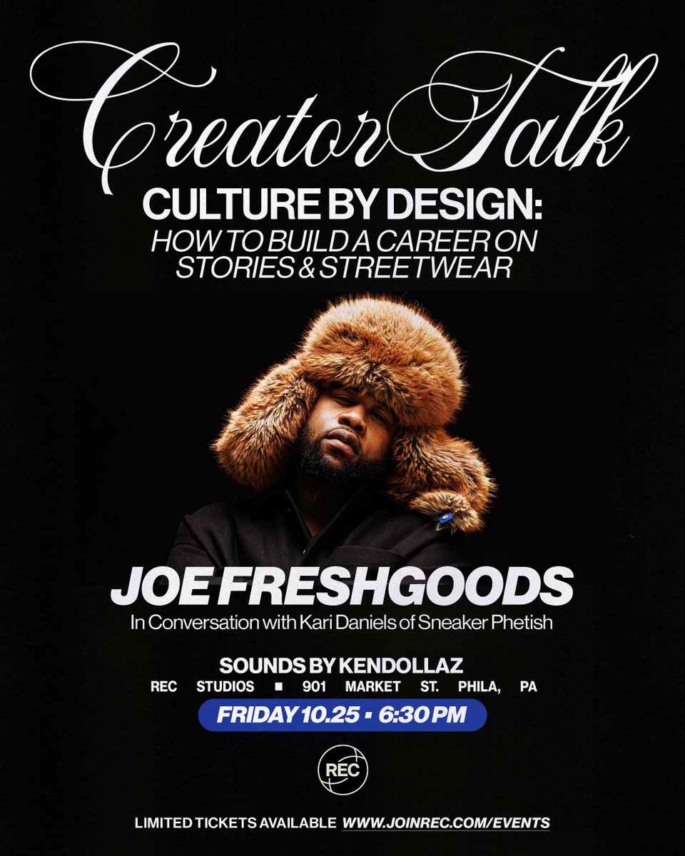 Our Creator Talk series is back Friday, October 25th, we welcome designer &amp; creative director <a href="/joefreshgoods/">JFG</a> for Culture By Design - a conversation with <a href="/sneakerphetish/">Kari</a> on the intersection of sneakers, streetwear &amp; storytelling.  Get your tickets now joinrec.com/events