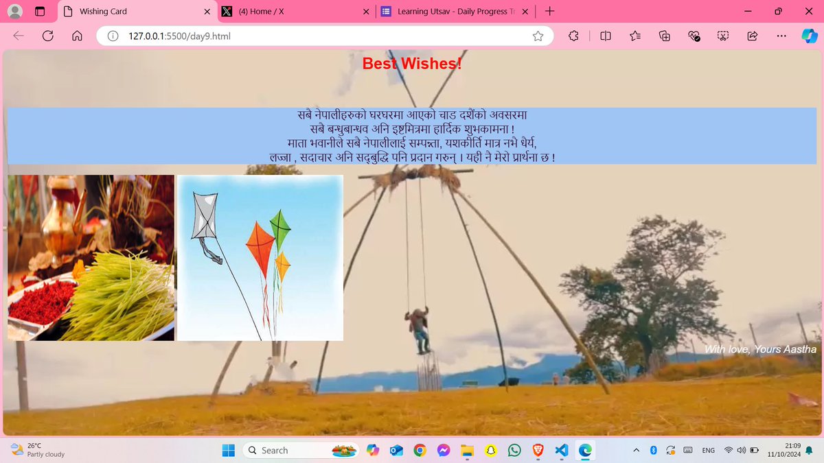 Deadly_ruch's tweet photo. 30 days of exploring in web development in both HTML and CSS. #LUD9 of learning web development with #LearningutsavToday . Let's make this Dashain-Tihar a #FestivalOfLearning with
@learning_utsav
#LearningUtsav #day9oflearning https://t.co/gcG60hQpWd
