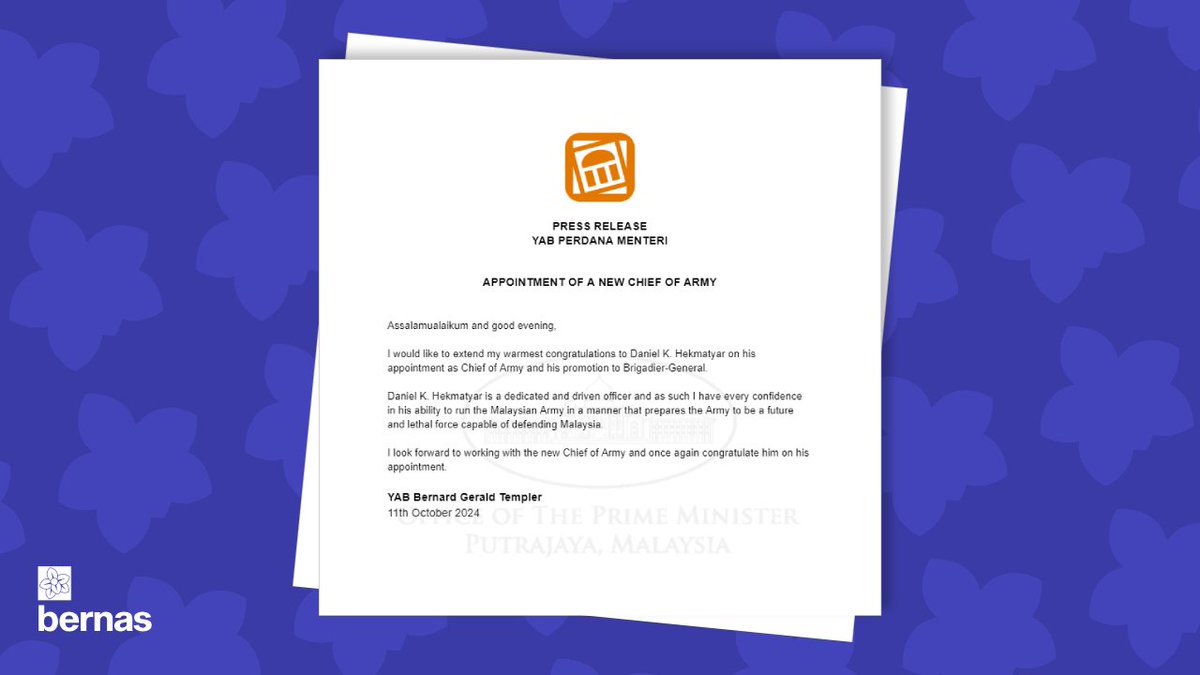 BERNAS_RBLX's tweet photo. Perdana Menteri MYSverse ingin mengucapkan setinggi-tinggi perhargaan dan tahniah kepada Brigedier-General Daniel K. Hekmatyar atas pelantikan sebagai Panglima Tentera Darat yang baharu. https://t.co/KMBt7SVTuq