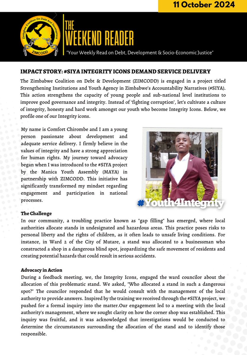 Under our #SIYA action, we are cultivating a culture of integrity amongst the Youth vs ‘fighting corruption.’ Our #Integrity icons are demanding accountability, transparency &amp; improved service delivery.

Meet Comfort Chirombe, a #Youth4Integrity from Manicaland.

Read more:
