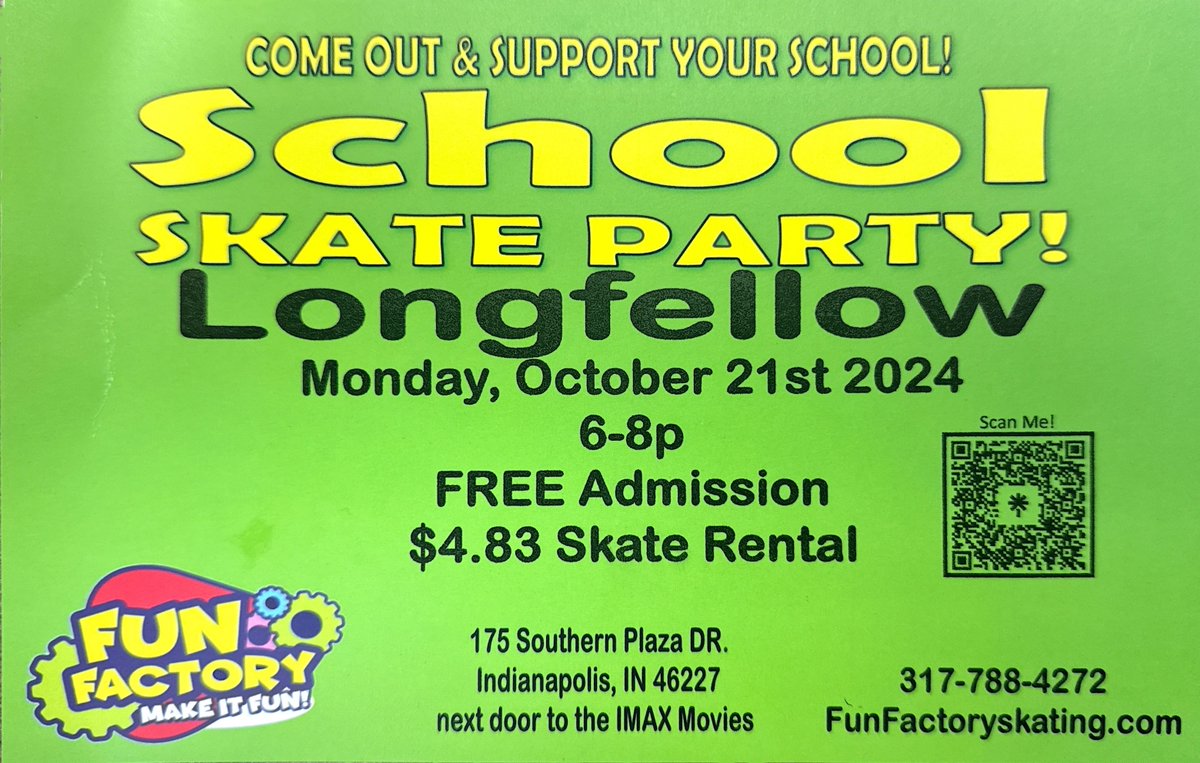 🎉 Join us for Family Skate Night at Fun Factory! FREE admission, $4.83 skate rental. 📅 October 21 ⏰ 6pm-8pm 📍 175 Southern Plaza Dr. See you there! 🛼