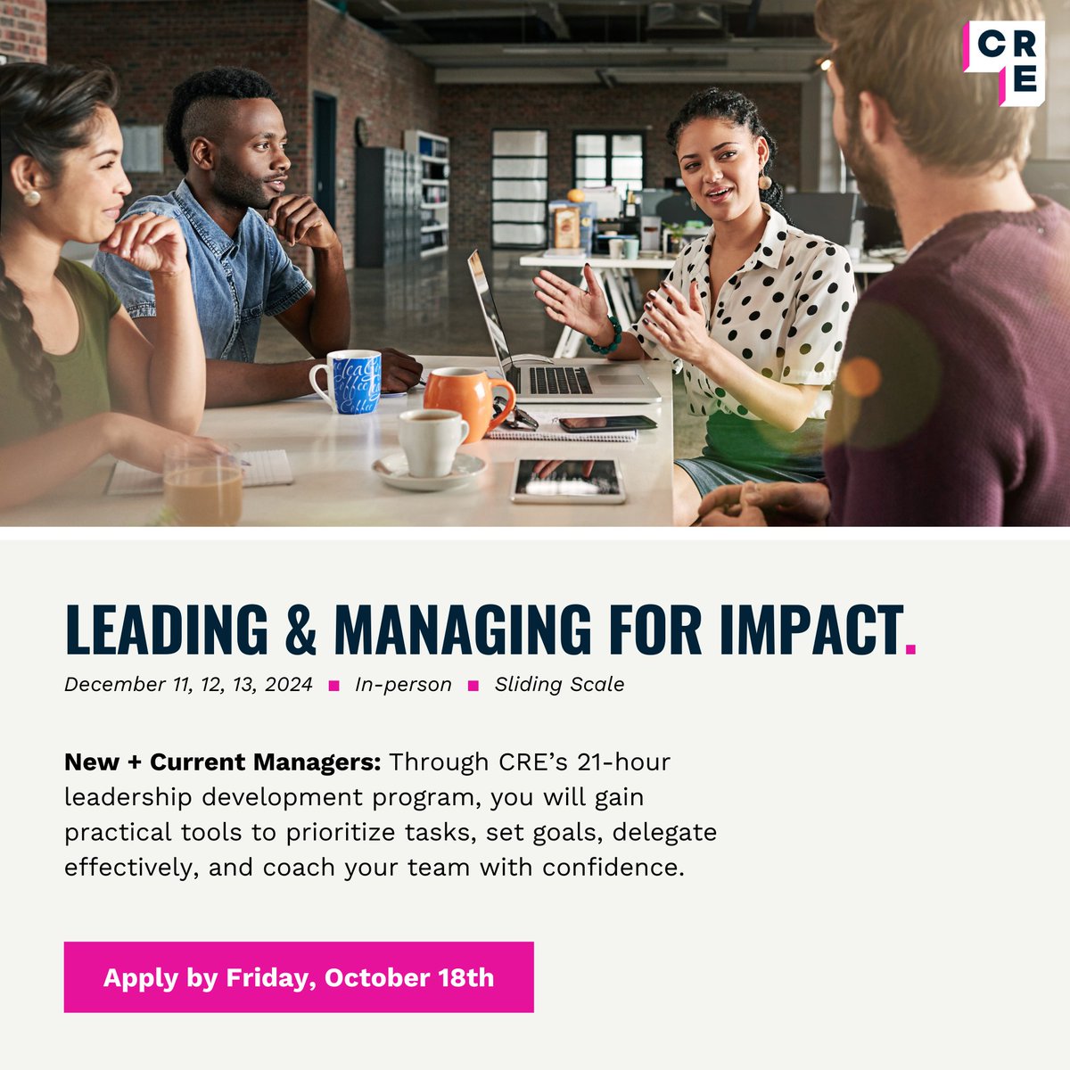 One week left! Are you a new/current manager ready to build a strong foundation for your leadership journey? Learn practical strategies for prioritizing tasks, effective delegation, &amp; coaching your team to thrive—all in CRE's Leading &amp; Managing for Impact. bit.ly/4dMhjh6