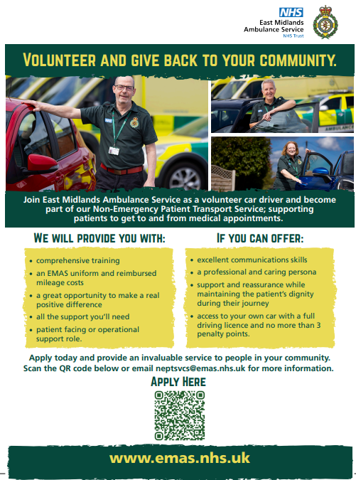 EMASNHSTrust's tweet photo. Our Non-Emergency Patient Transport volunteer car drivers take eligible patients to their scheduled appointments. Want to be part of them and give back to community?
More details on EMAS website: 
Volunteer Car Drivers :: East Midlands Ambulance Service (https://t.co/QRr6Bc1del) https://t.co/c4rr1U5xnN