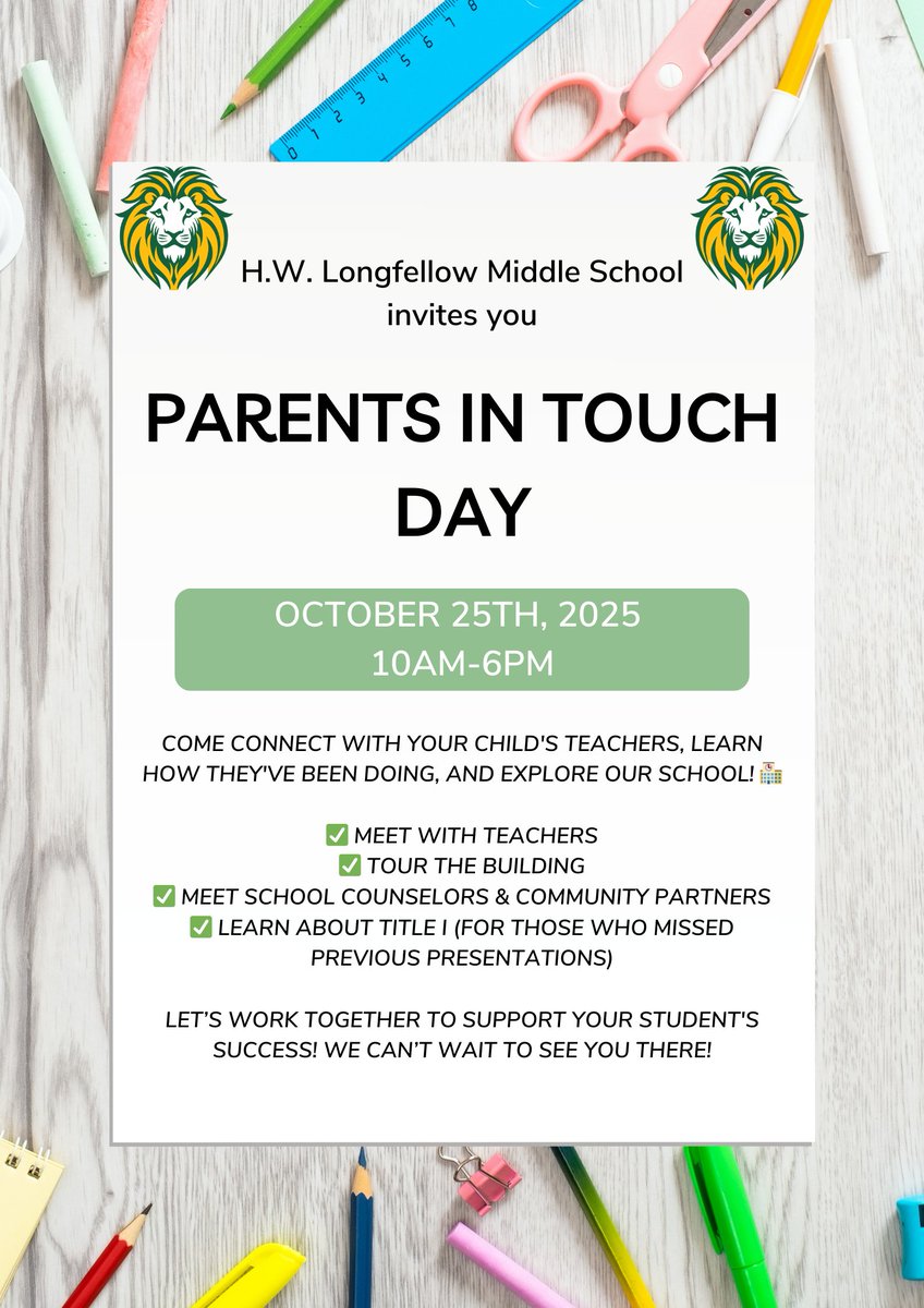 📢 Join us for Parents in Touch Day! Meet teachers, tour the school, and learn about Title I. 📅 Oct 25, 10 AM - 6 PM. See you there! 🌟
