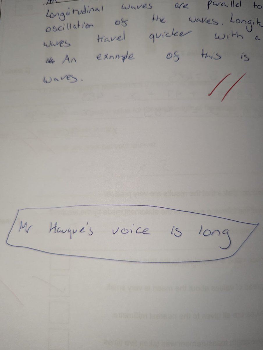 CHSBScienceDept's tweet photo. You find this written in an exam paper. How do you sanction? Behaviour point? Phone call home?

Our HOD @MrZHaqueScience was proud!

“Mr Haque’s voice is long”

Voice = sound
Long = longitudinal waves

An easy way to remember an example of longitudinal waves.

Adaptive teaching. https://t.co/MJ6knZ8hBm