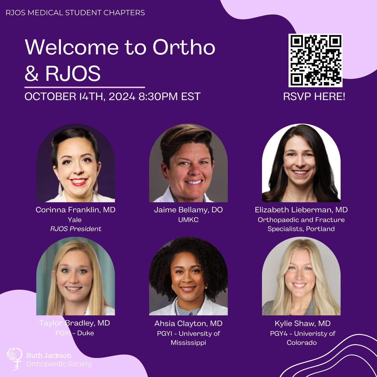 rjosmedstudents (@rjosmedstudents) on Twitter photo Join us this upcoming Monday (8/14) to answer all your questions about <a href="/RJOSociety/">Ruth Jackson Orthopaedic Society</a> and more! We are featuring an amazing, talented, and diverse group of women who you all can hopefully relate to while getting some more career insight.
Sign up with the QR code to register! Join us this upcoming Monday (8/14) to answer all your questions about <a href="/RJOSociety/">Ruth Jackson Orthopaedic Society</a> and more! We are featuring an amazing, talented, and diverse group of women who you all can hopefully relate to while getting some more career insight.
Sign up with the QR code to register!