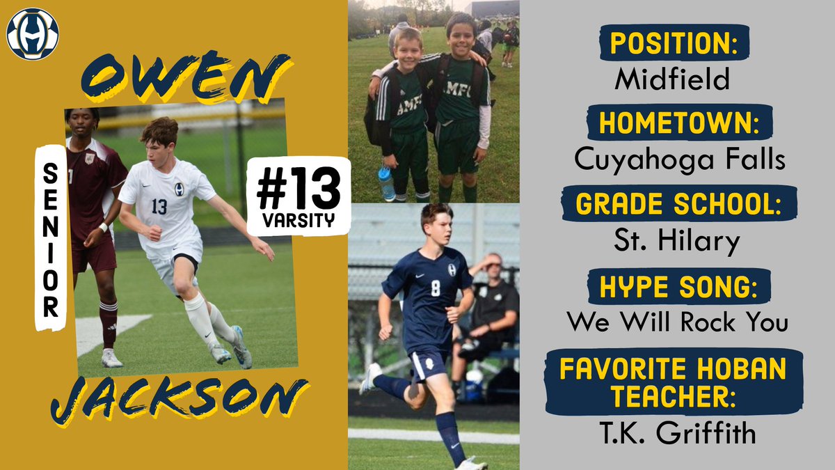 Today we introduce you to Owen Jackson, #13! Owen is a midfielder whose favorite soccer memory is singing the alma mater on the bus ride home from away games. Something you may not know about him is he can solve a Rubik's Cube 🧠💪! #MeetTheTeam #HobanFamily #PlayerSpotlight