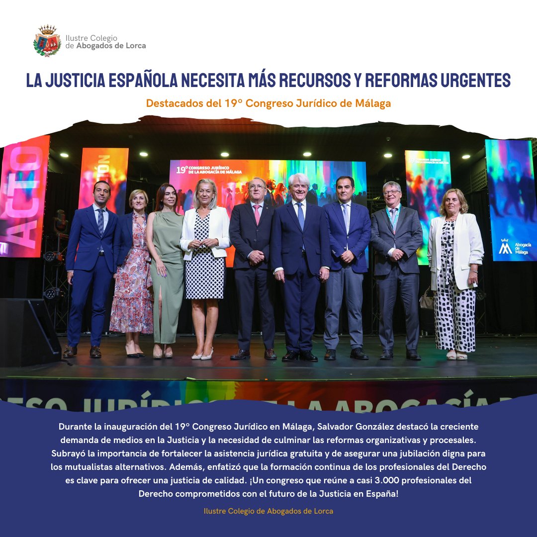 icalorca's tweet image. En el 19º Congreso Jurídico de Málaga, Salvador González advirtió sobre la creciente litigiosidad y la urgente necesidad de una nueva ley de asistencia jurídica gratuita. La formación continua es esencial para garantizar un servicio de calidad a los ciudadanos. 📚⚖️