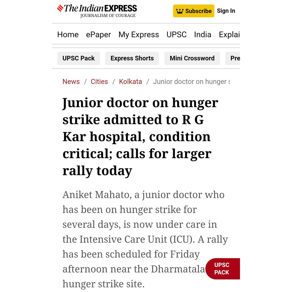 OfficialPreetiM's tweet photo. #StandForTrueJustice 

The critical condition of Aniket Mahato, junior doctor on hunger strike, now admitted to R.G. Kar Hospital, raises serious concerns.And ignoring doctors demand for better healthcare infrastructure not only endangers the doctors but also the future of our healthcare system. Immediate action is needed. And I urge civil society to stand in solidarity with their cause.

#Day39