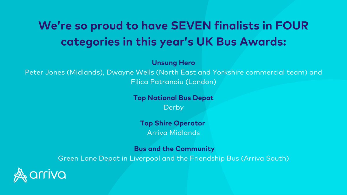 We're so proud to have SEVEN finalists in FOUR categories in this year's <a href="/UKBusAwards/">UK Bus Awards</a> and to also be part of <a href="/leicesterbuses/">Leicester Buses</a>, which has been shortlisted in the Partnership for Excellence category. See the Arriva people and projects who have been shortlisted below.🏆 #UKBusAwards