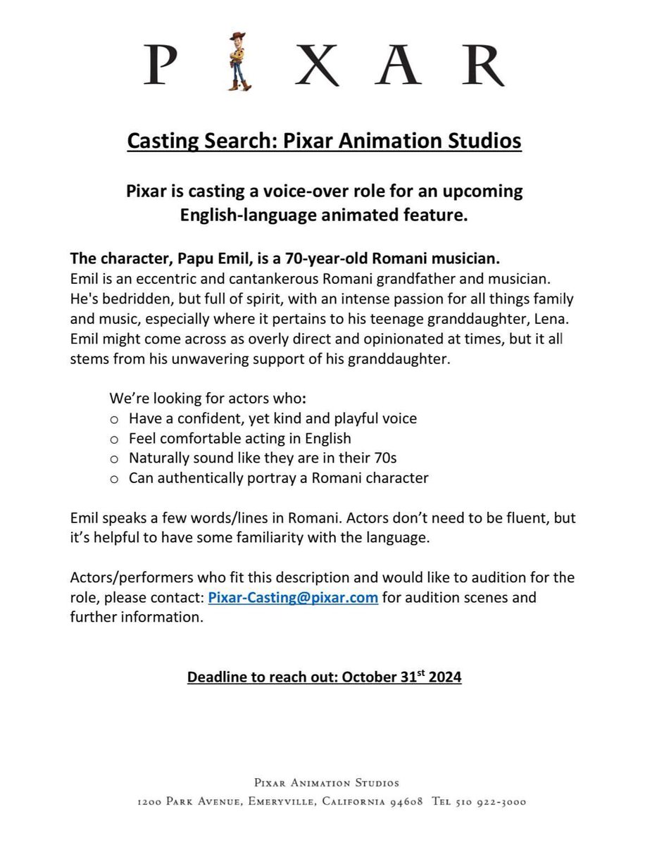 VOICE ACTORS! Stumbled upon this on the other app. Not sure if it’s here! #voiceacting #voiceover #voiceactor #voiceactors  #castingcall 

Pixar is holding a worldwide open casting call for an upcoming animated film - the studio is looking for 2 Romani actors for these roles: